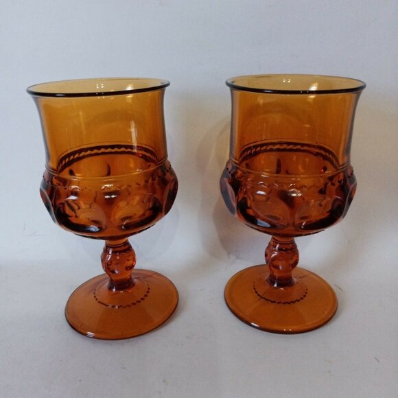 Vintage 1970s Indiana Glass Kings Crown Amber Wine Goblets Set Of 2 Retro Decor - Picture 3 of 5
